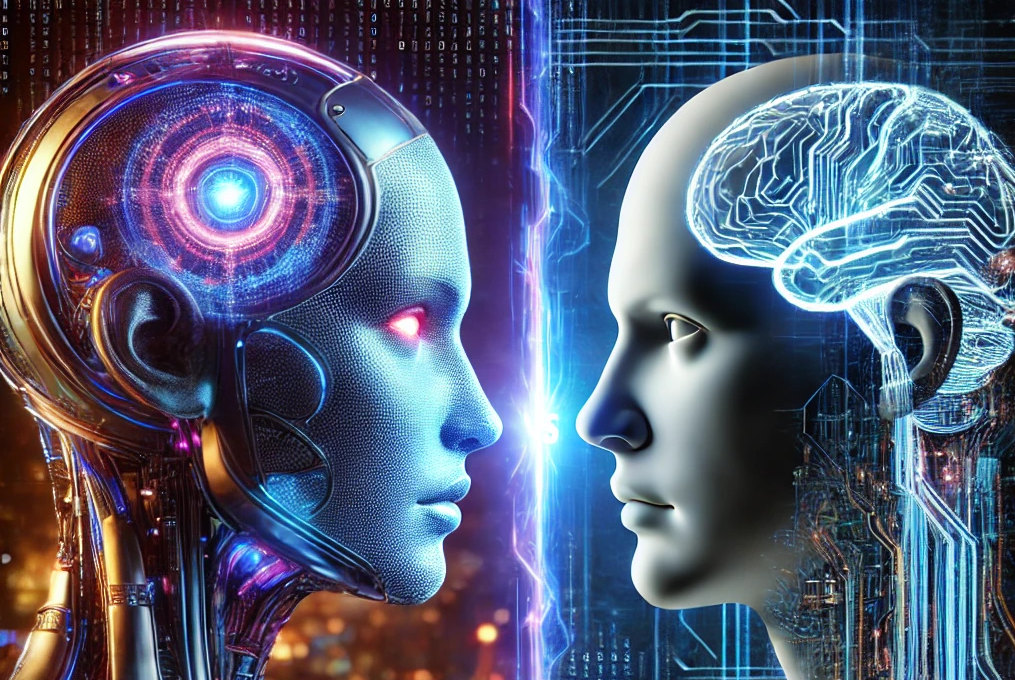 Una immagine che rappresenta il confronto tra un avatar umanoide e un'intelligenza artificiale, con elementi digitali e futuristici che sottolineano il contrasto tra tecnologia e umanità.
