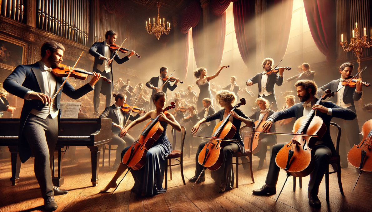 Nell'immagine viene rappresentata un'orchestra dove, in primo piano, sono rappresentati dei violinisti.