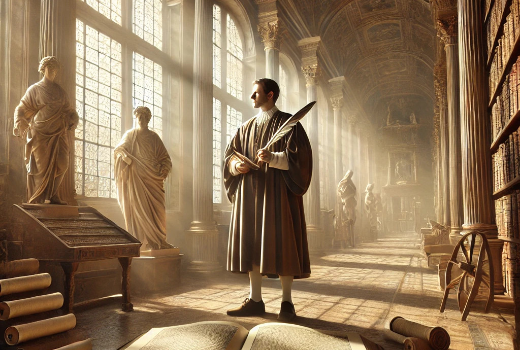 Nell'immagine, un erudito rinascimentale si trova in una biblioteca antica, con libri e rotoli, illuminato da una luce calda e dorata. Simboli dell'arte e della cultura classica fanno da sfondo, evocando la rinascita intellettuale e culturale dell'epoca.